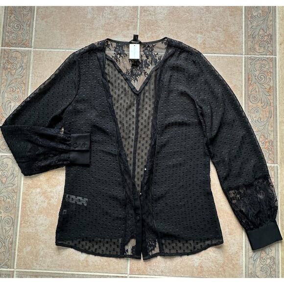 New ! Ann Taylor Black front button‎ Lace mesh blouse Women size XS - Picture 1 of 11